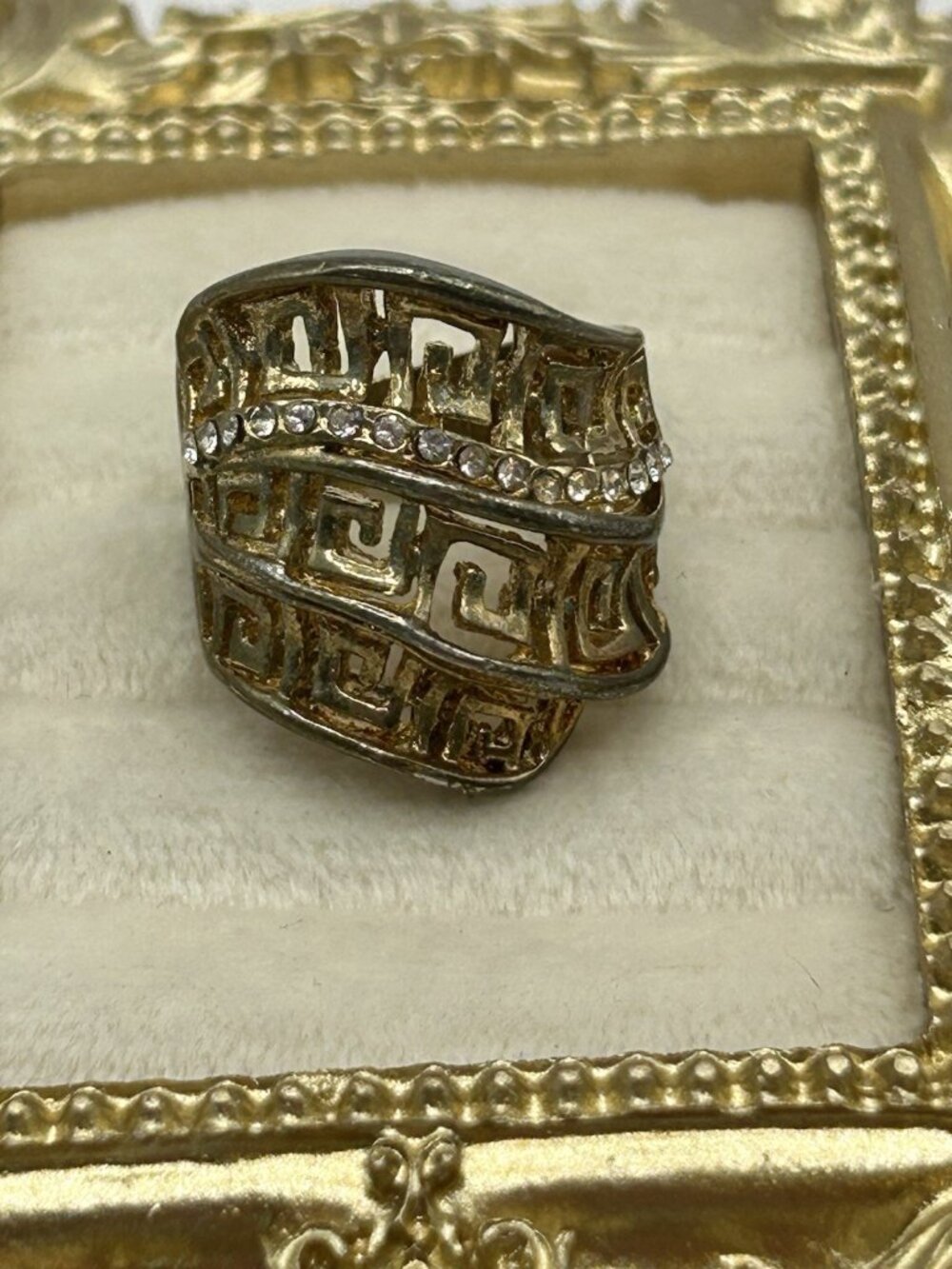 Vintage Greek Key Rhinestone Wide Band Costume Ring Gold Tone Size 5 Chunky Fun - Picture 2 of 12